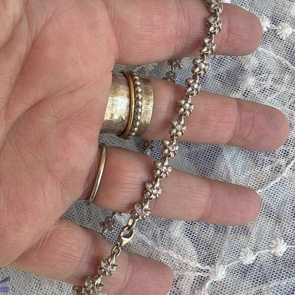 Vintage Solid Sterling & Pink Topaz Flower Bracelet/Anklet ~9.5” - Picture 9 of 10